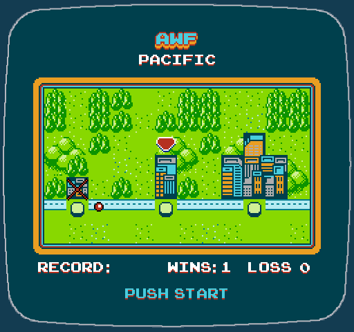 Rumblefest '89 Overworld Map: AWF Pacific. Record: Wins: 1 Loss 0. Push Start.